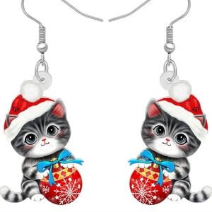 Festive Cat Earrings - Red and Gray